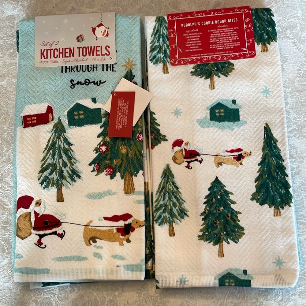 Dachshund with Santa kitchen towel set of two